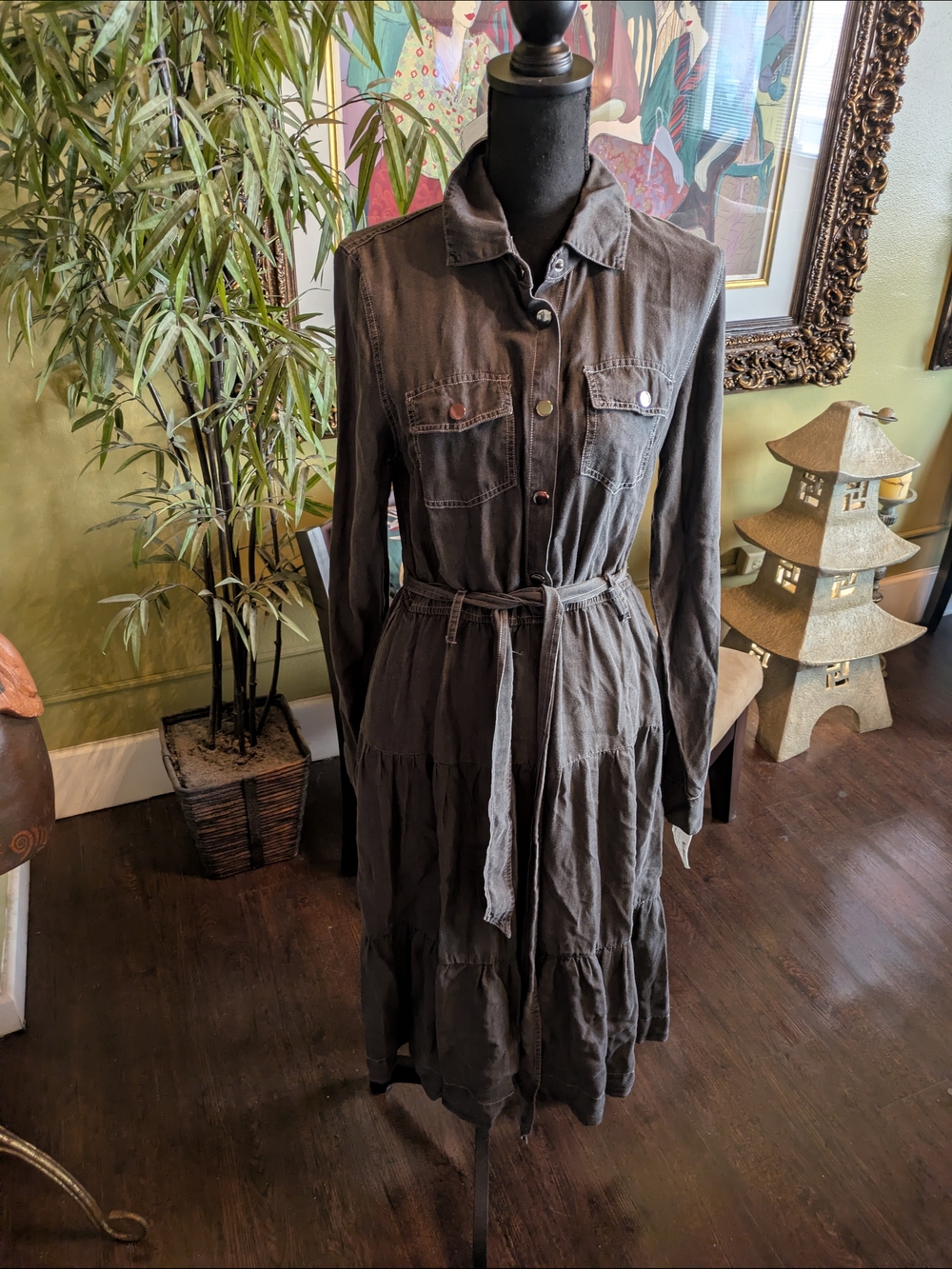Tiered Button-Front Maxi Shirt Dress with Self-Tie Waist - Black